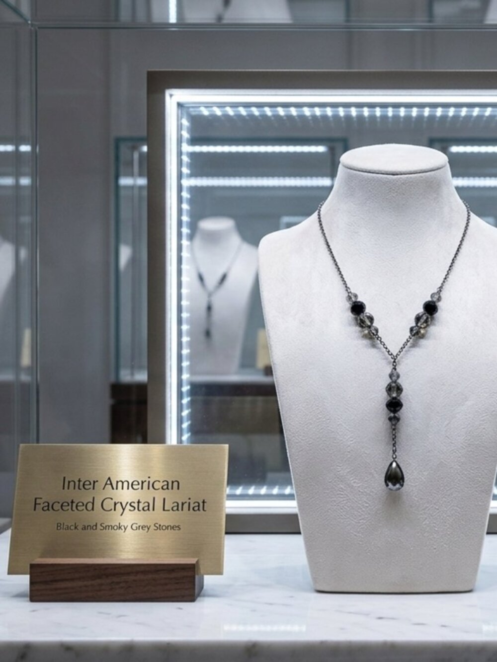Inter American Faceted black and smoky grey crystal Stone lariat Necklace